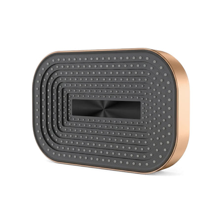 Modern rose gold and dark gray rectangular shower head, 325x200x40mm, featuring a sleek design with perforated spray nozzles.