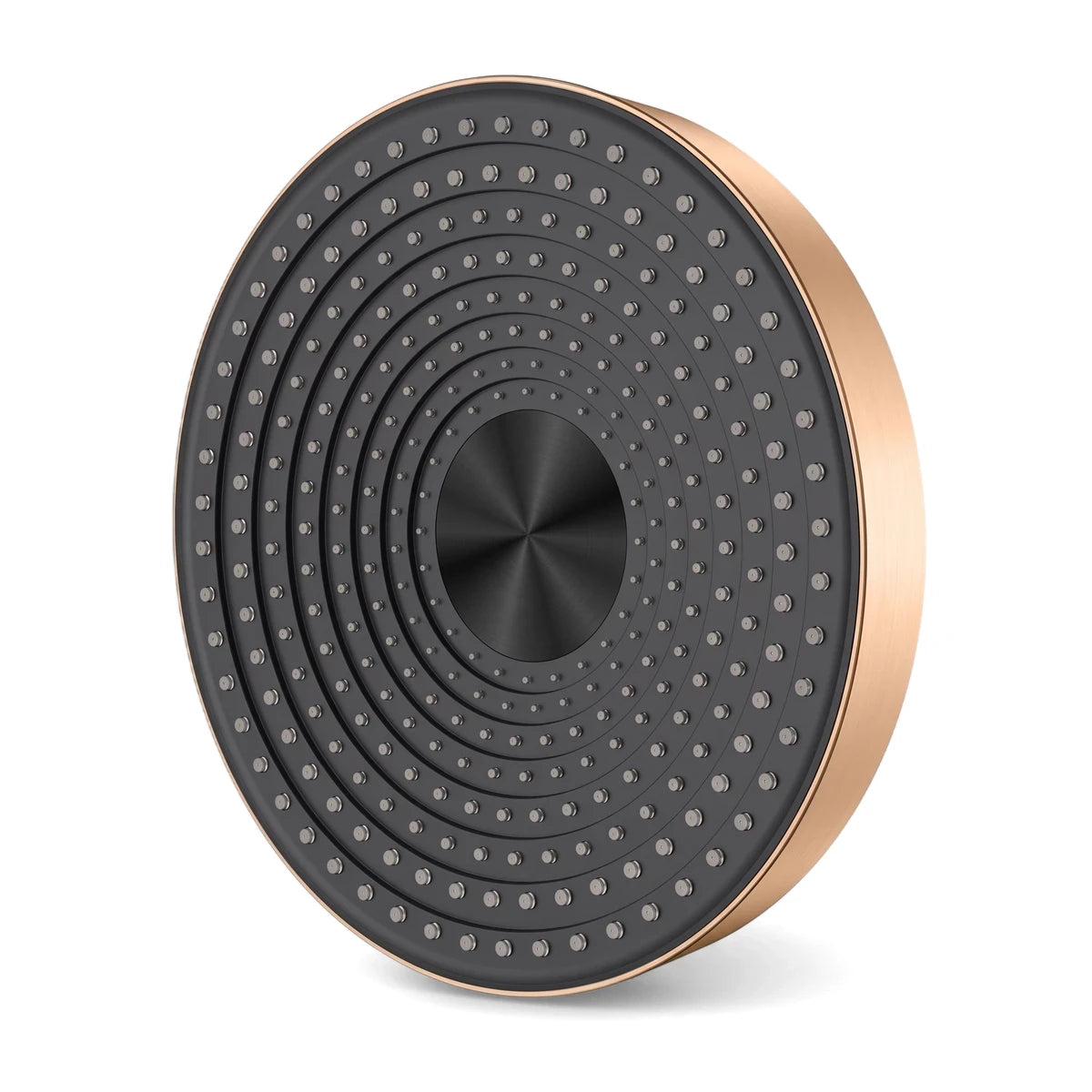 Rose gold and dark gray round shower head, 300x41mm, featuring concentric nozzle rings on a textured face.