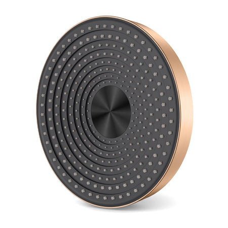 Rose gold and dark gray round shower head, 300x41mm, featuring concentric nozzle rings on a textured face.