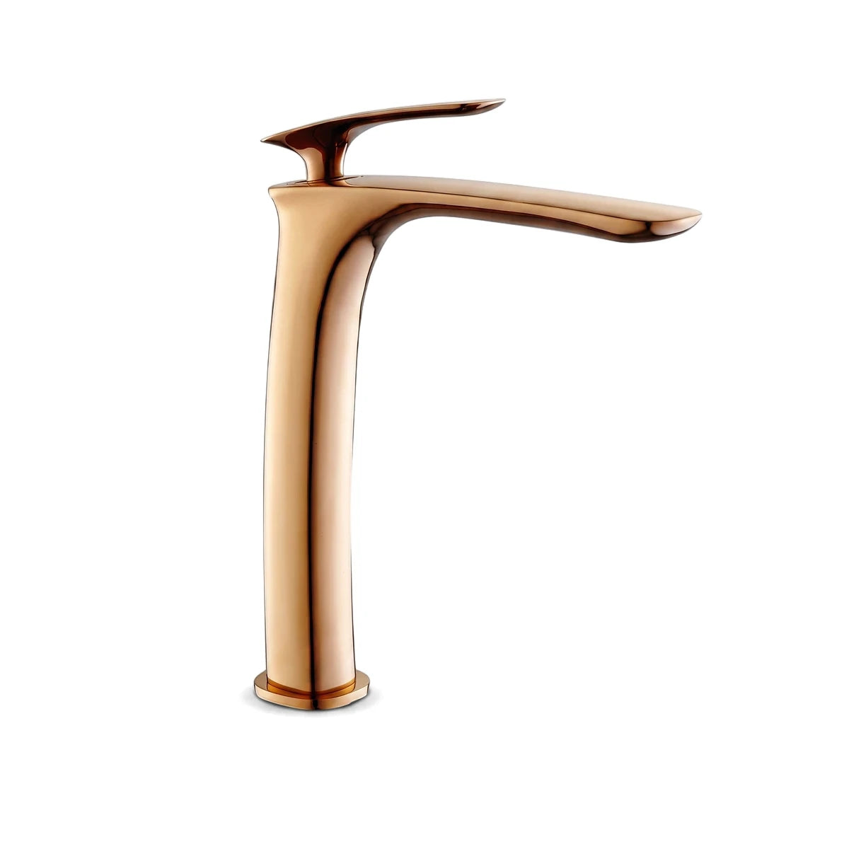 Modern rose gold high rise mixer faucet with a sleek curved body and flat spout on a solid background.