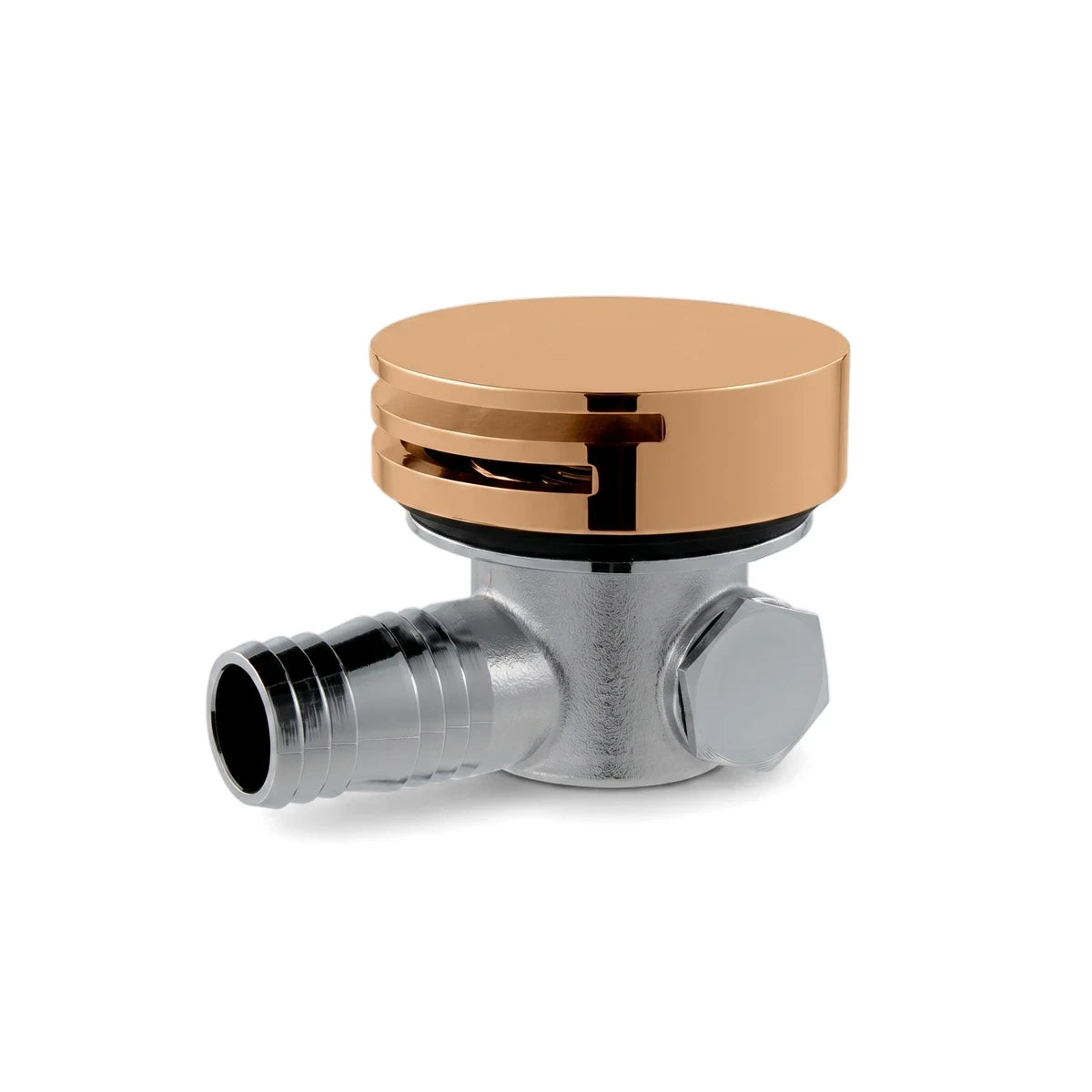 Rose Gold Nikki Spout Square Shower Part, highlighting a sleek design with a chrome base and a ridged hose connection.
