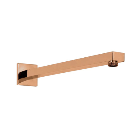 Rose gold square shower arm on a white background, featuring a sleek modern design and threaded connection.