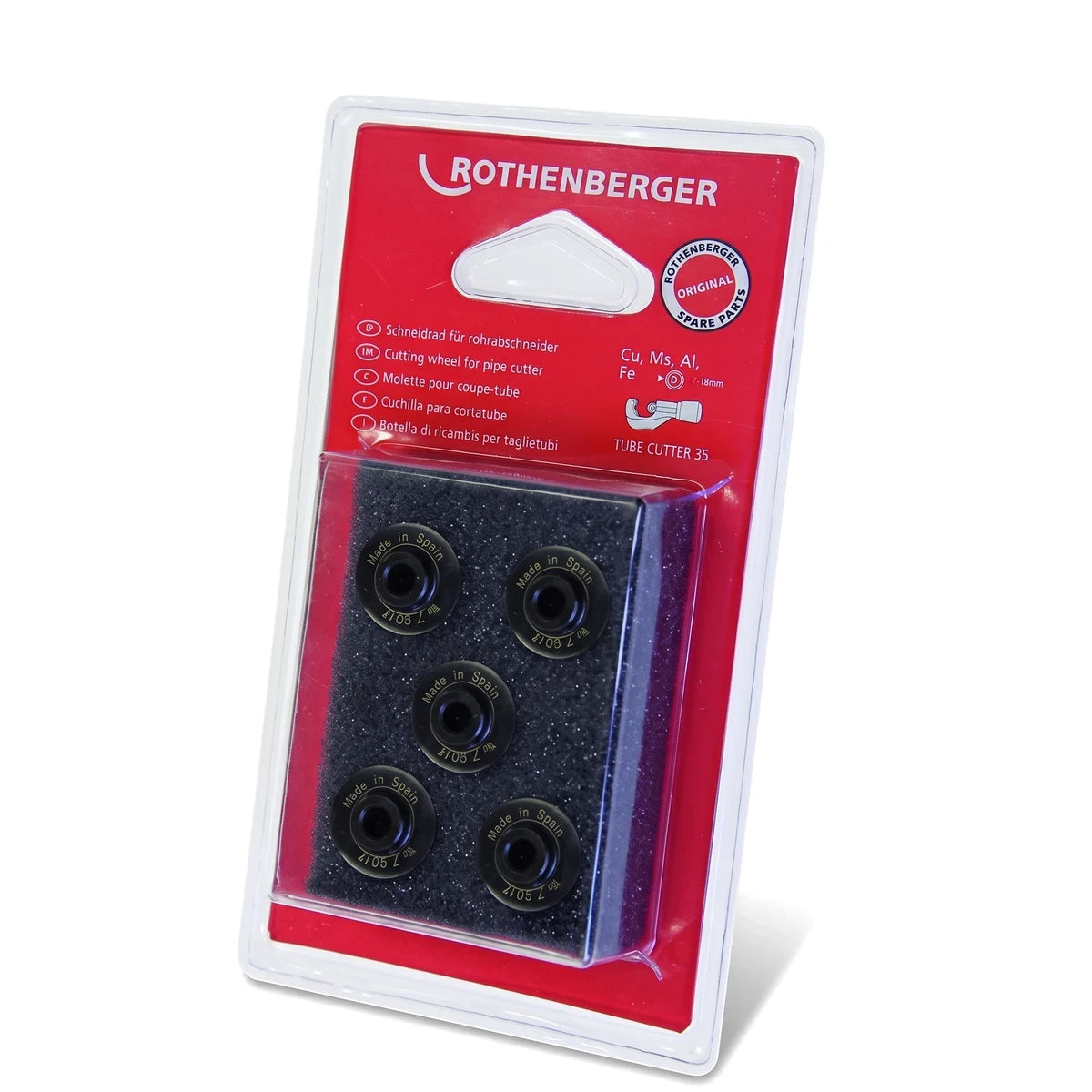 Rothenberger Spare Pipe Cutter Wheels in blister packaging, 5-piece set for copper, stainless steel, and aluminum.