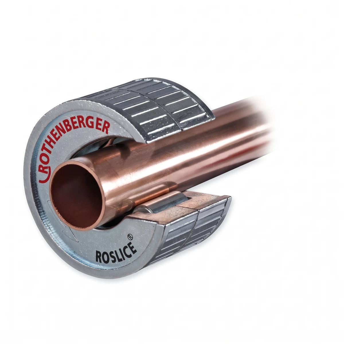 Rothenberger Roslice 22mm tube cutter, silver, shown clamped around a copper pipe, used for plumbing.