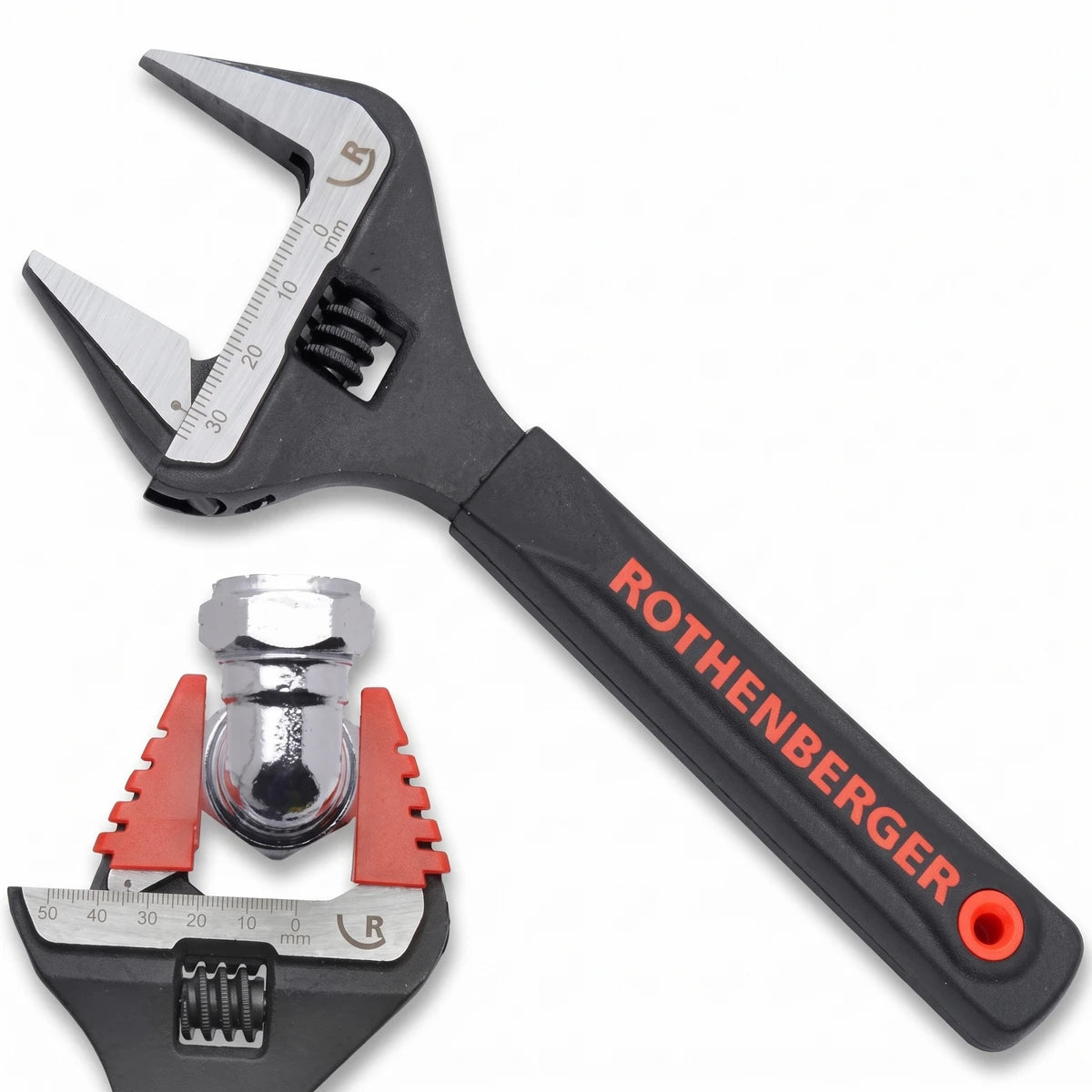 Black and silver Rothenberger 10 inch wide jaw adjustable wrench with 50mm opening, shown with a chrome pipe fitting.