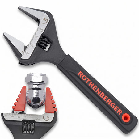 Black and silver Rothenberger 10 inch wide jaw adjustable wrench with 50mm opening, shown with a chrome pipe fitting.