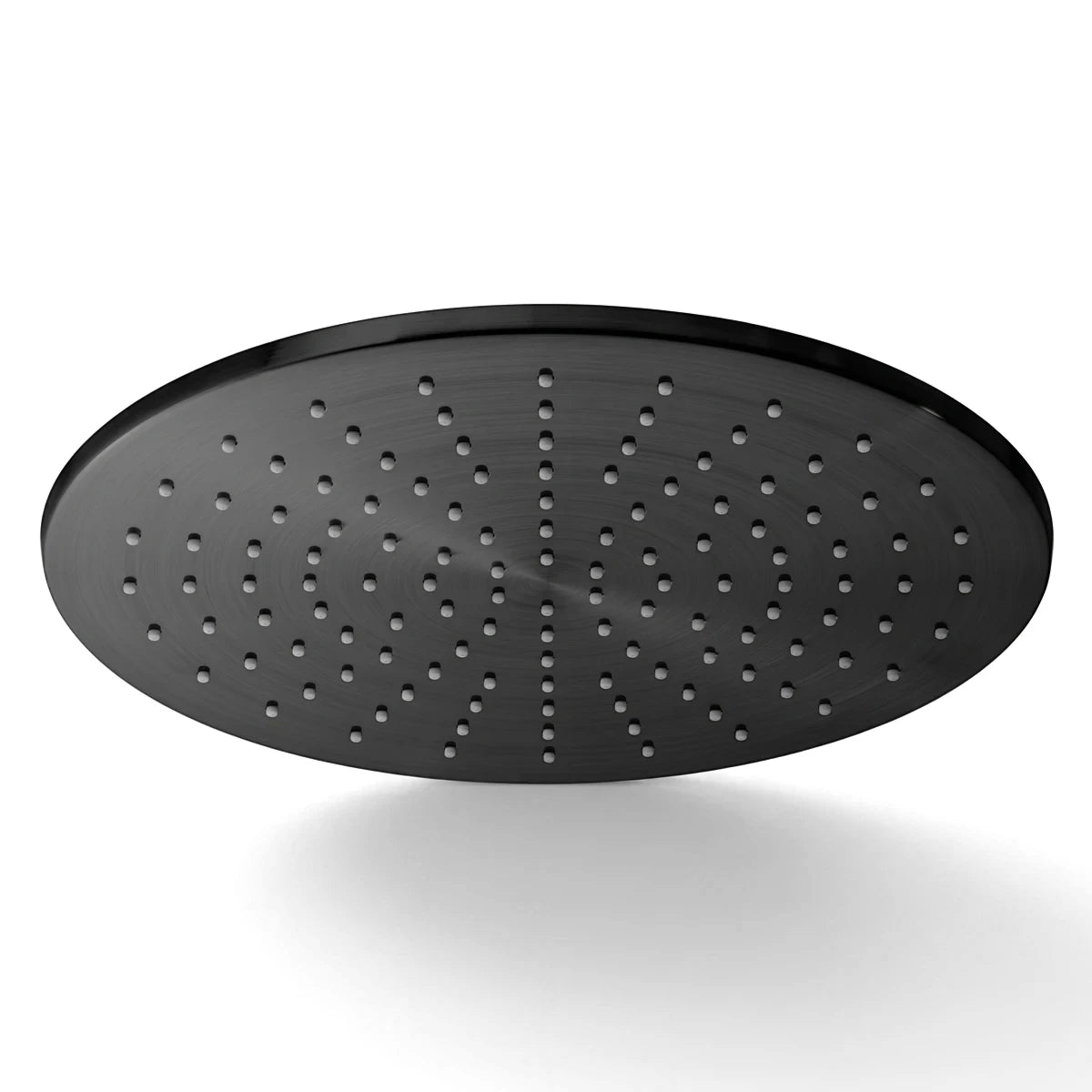Round black 30cm shower head with matte finish and perforated spray nozzles, shown from the underside.