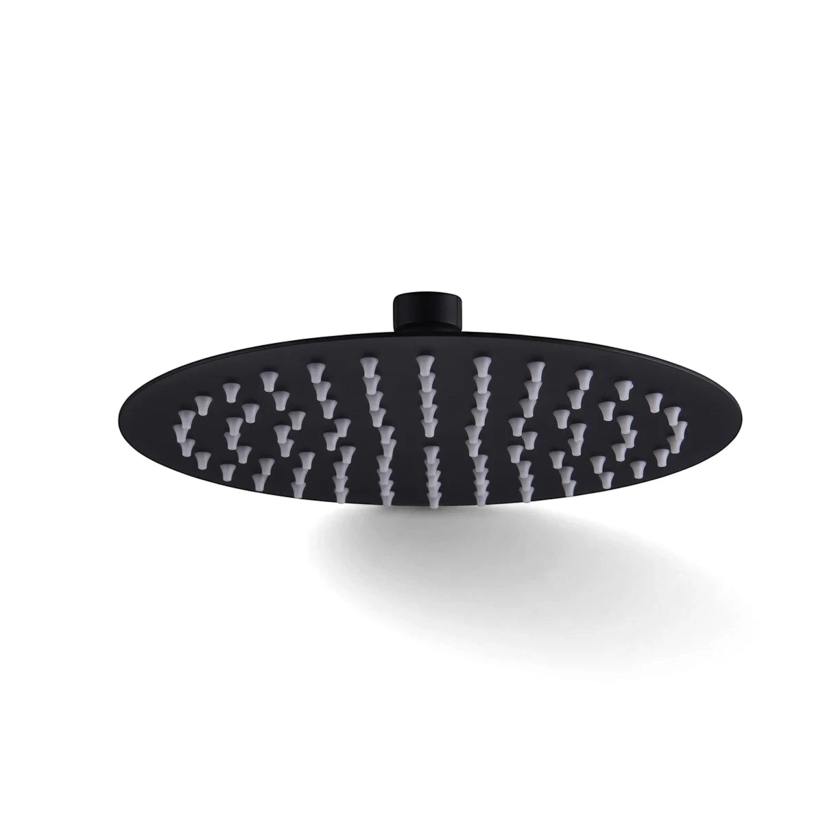 A sleek 4-inch round black stainless steel shower rose with white rubber nozzles for a modern bathroom design.