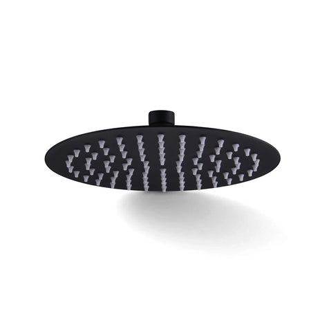A sleek 4-inch round black stainless steel shower rose with white rubber nozzles for a modern bathroom design.