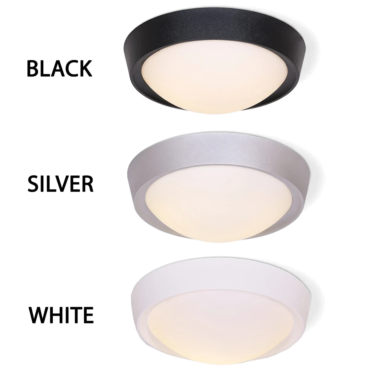 Three round ceiling light fittings with poly bases in black, silver, and white, each featuring an opal poly cover and a