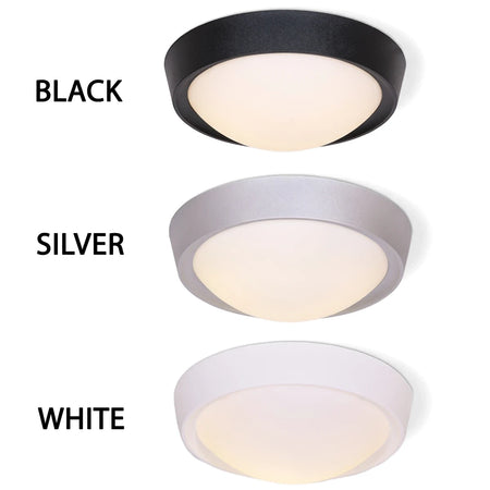 Three round ceiling light fittings with poly bases in black, silver, and white, each featuring an opal poly cover and a