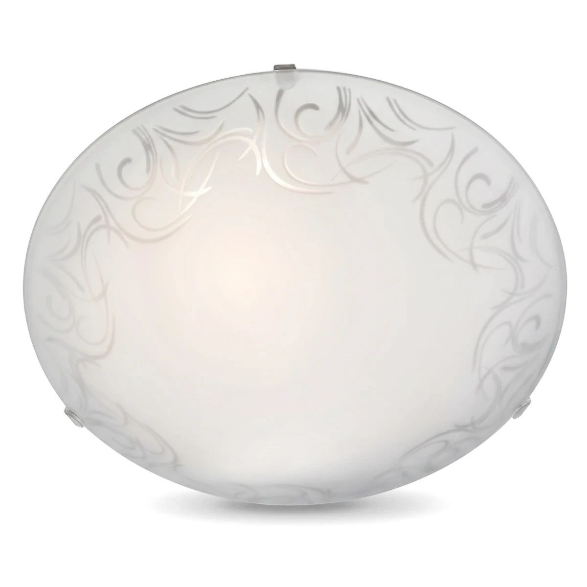 Round frosted glass ceiling light with elegant swirling pattern and clear plastic clips, ideal for modern interiors.