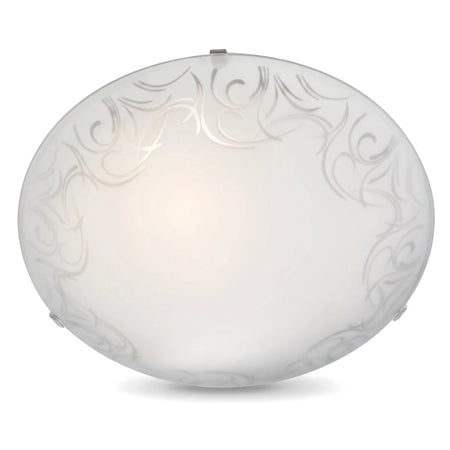Round frosted glass ceiling light with elegant swirling pattern and clear plastic clips, ideal for modern interiors.