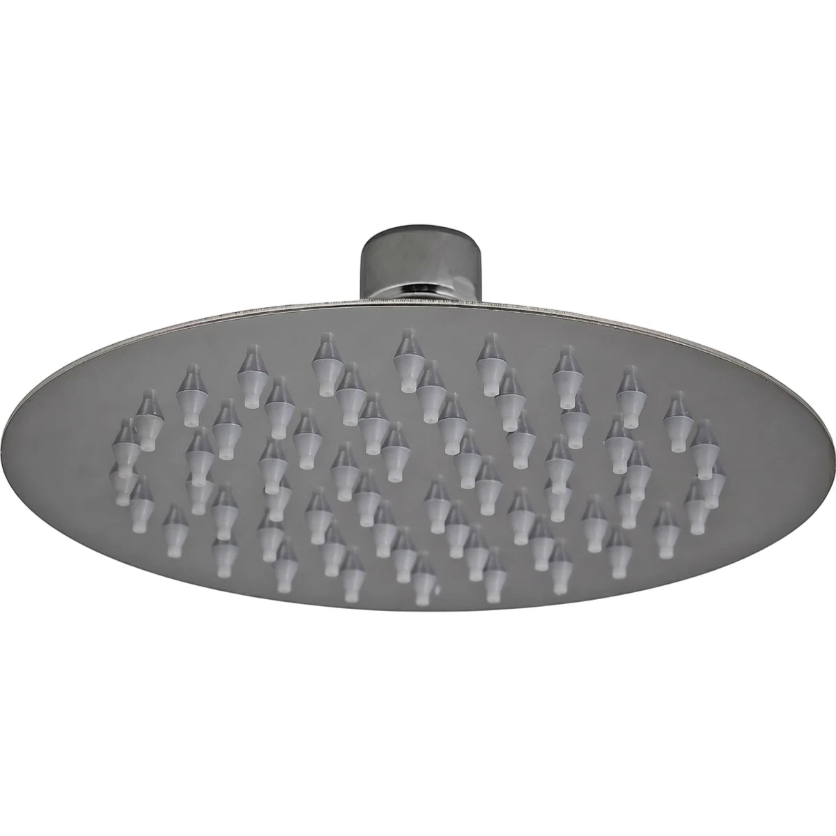Close-up view of a 6-inch round stainless steel shower rose with a silver finish and white silicone nozzles on its underside.