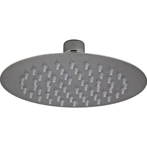 Close-up view of a 6-inch round stainless steel shower rose with a silver finish and white silicone nozzles on its underside.