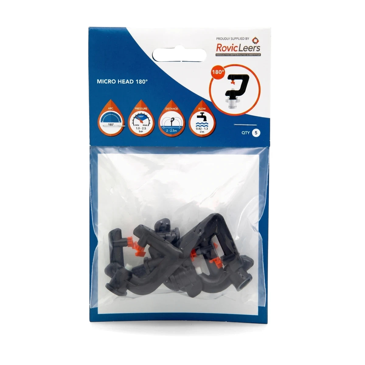 Black and orange Rovic Leers Micro Head 180 degree sprinkler heads, packaged in a clear bag with a white and blue card,