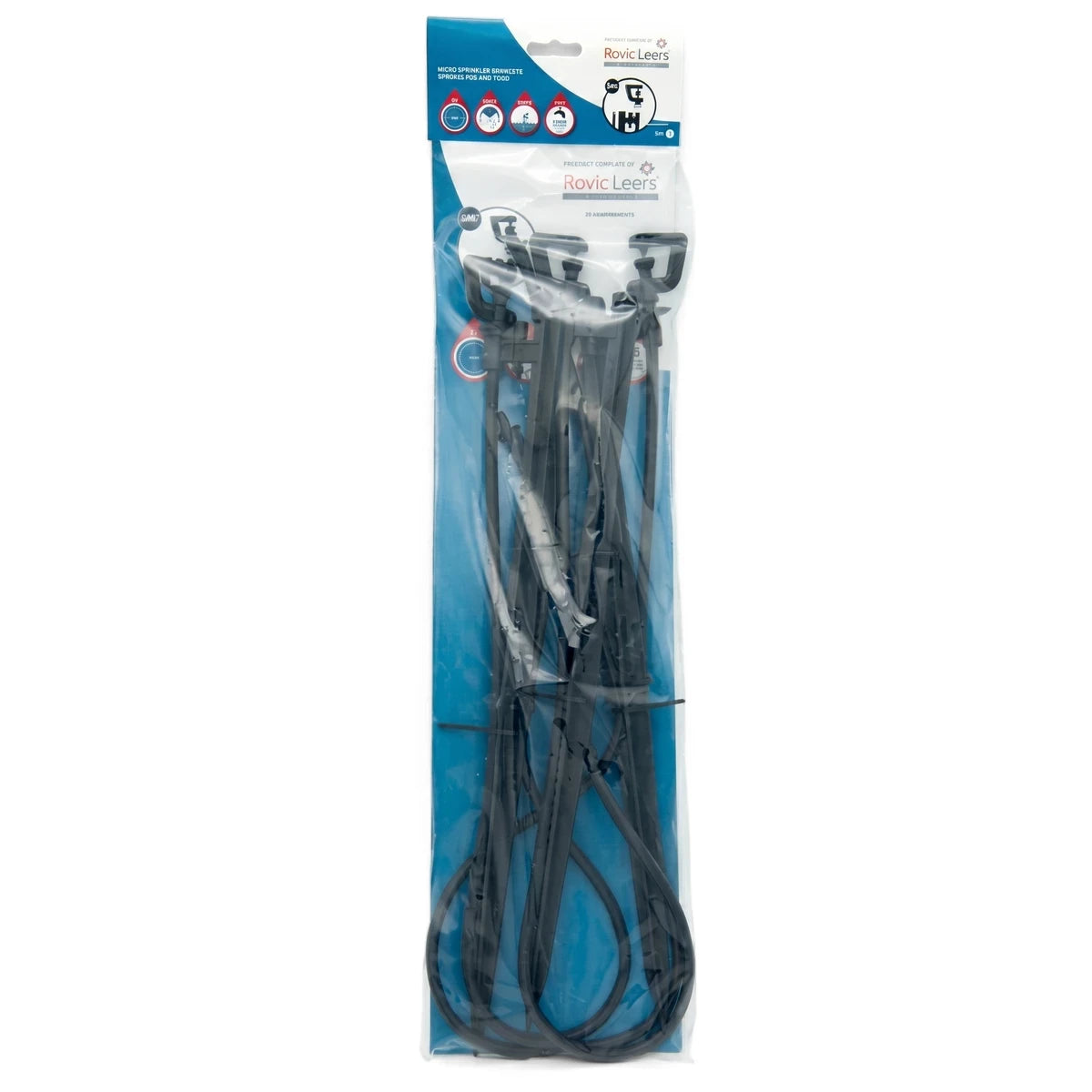 Rovic Leers Micro Head, Peg & Tube Spinner 360 Set of black cable ties in clear retail packaging, front view.