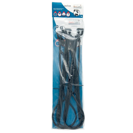 Rovic Leers Micro Head, Peg & Tube Spinner 360 Set of black cable ties in clear retail packaging, front view.