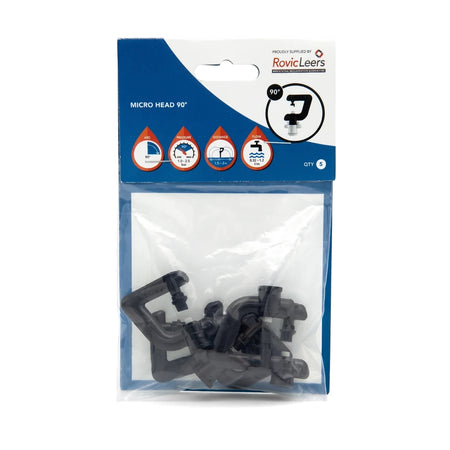 RovicLeers Micro Head 90-degree irrigation fittings in clear retail packaging with blue and white branding.