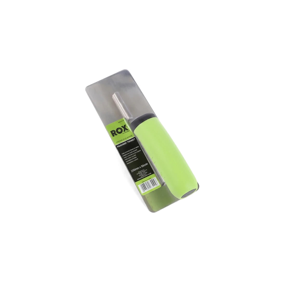 ROX 200mm stainless steel stucco trowel with a vibrant green and black handle, angled view. A durable masonry tool.