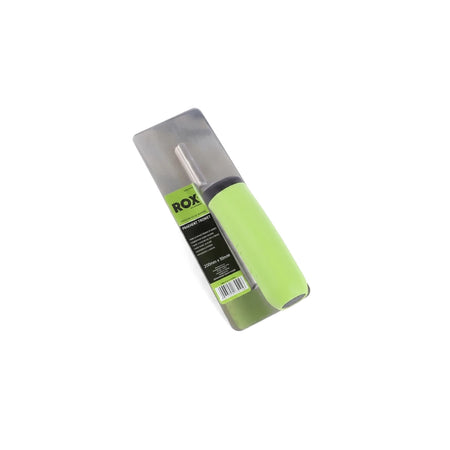 ROX 200mm stainless steel stucco trowel with a vibrant green and black handle, angled view. A durable masonry tool.