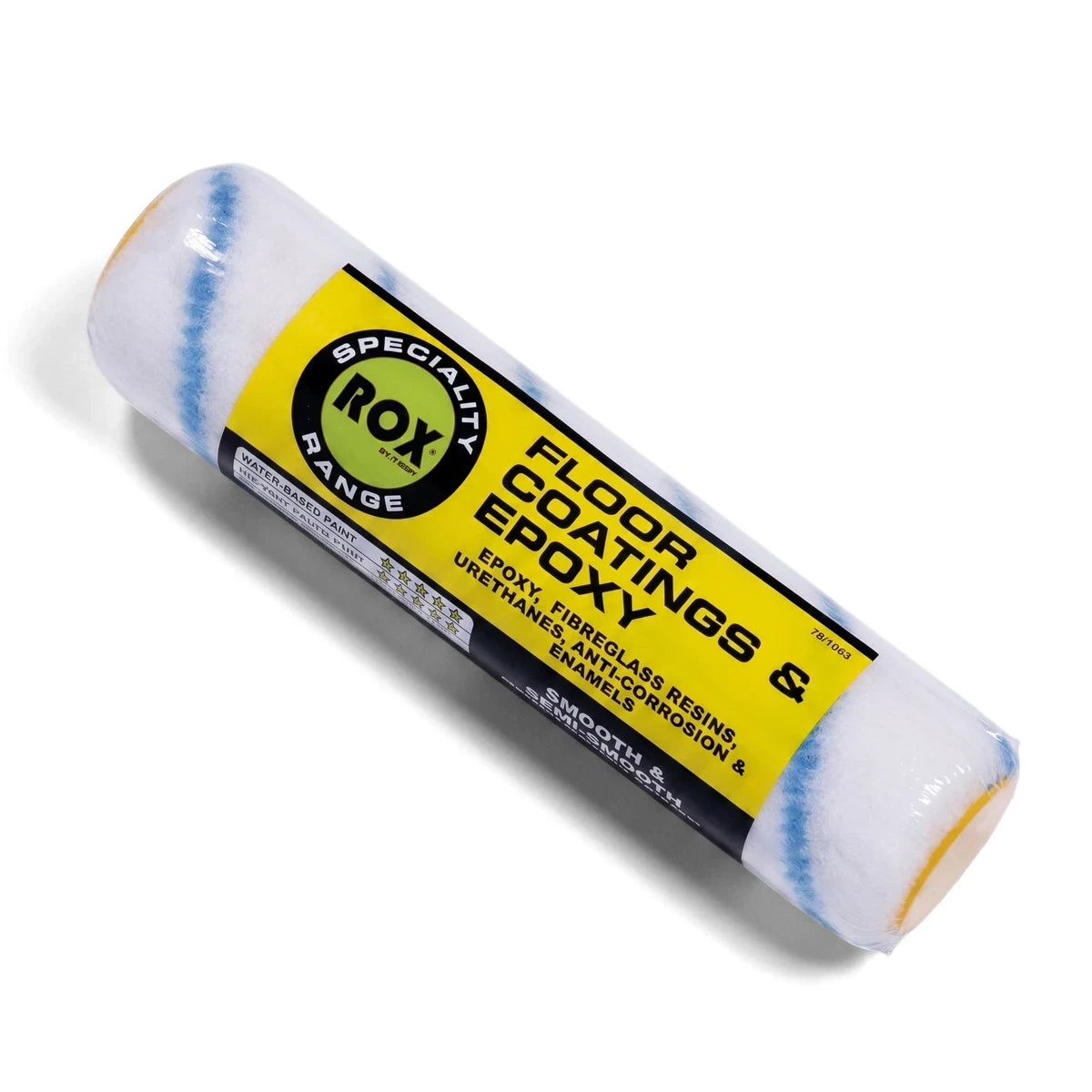 230 mm ROX Floor Coatings and Epoxy paint roller, white with blue stripes and yellow ends, designed for smooth and