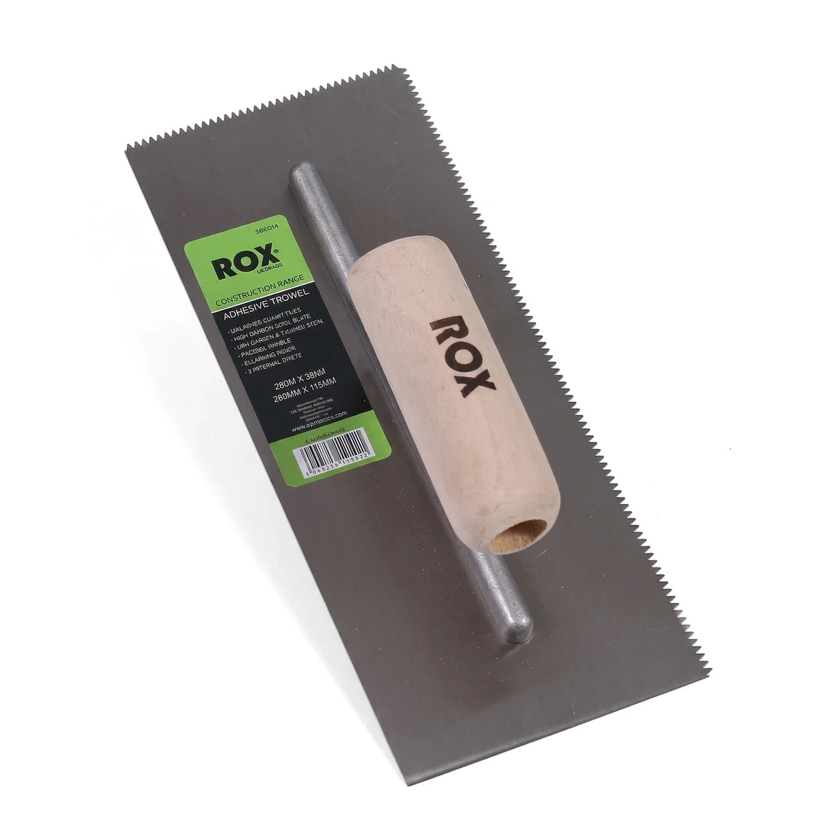 Rox A2 spec vinyl adhesive trowel with a metal serrated blade, wooden handle, and green product label for construction.