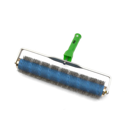 Rox Aluminium Spike Roller with 400mm width and 31mm spikes, featuring a green handle and blue core.