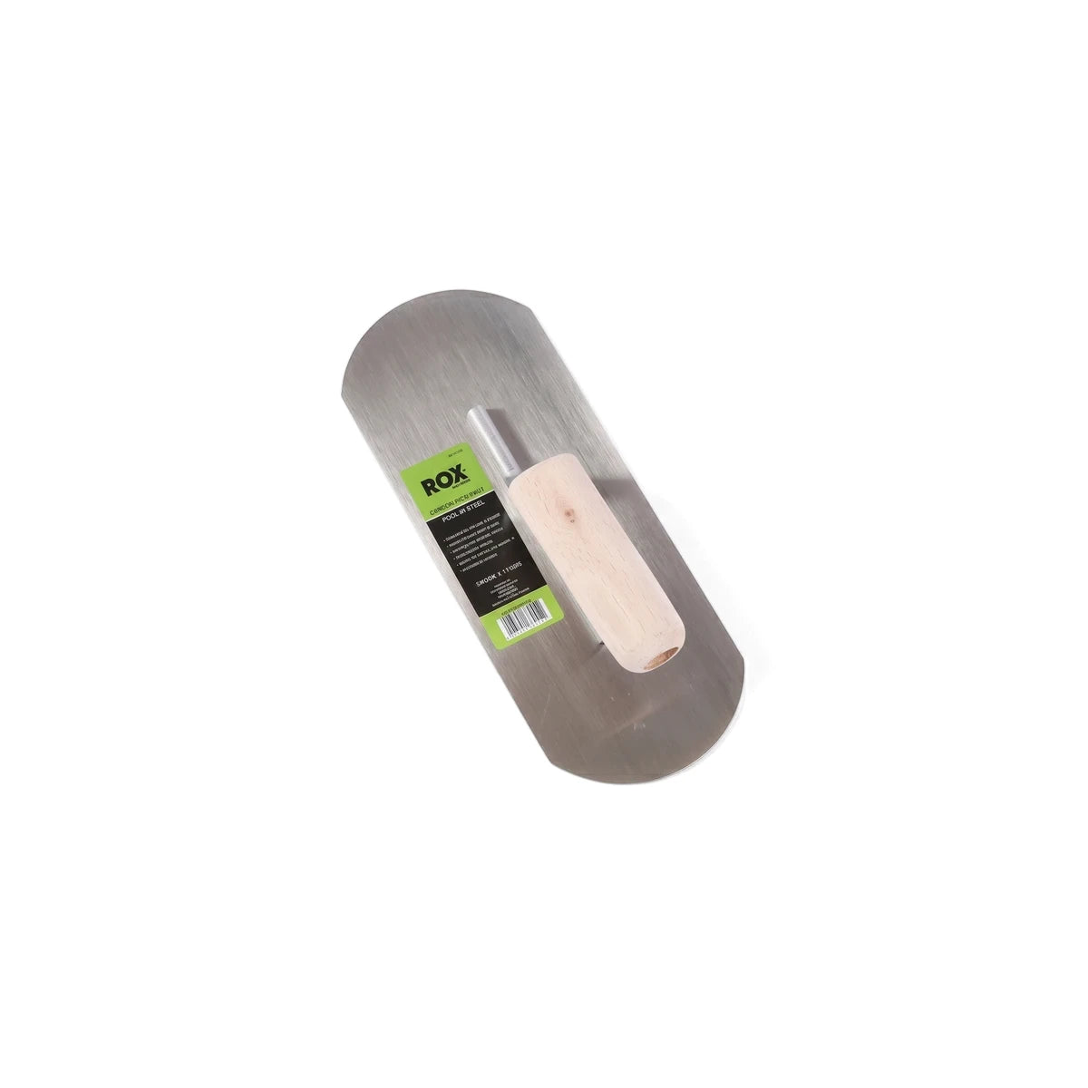 ROX carbon steel pool trowel with a sturdy wooden handle, featuring a durable metal blade and a branded label, viewed at an