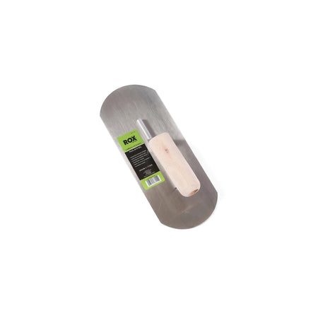 ROX carbon steel pool trowel with a sturdy wooden handle, featuring a durable metal blade and a branded label, viewed at an