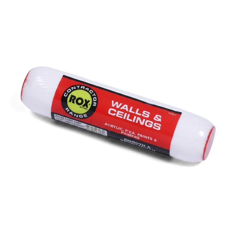 White Rox Contractor Range 230 mm paint roller for walls and ceilings, featuring a red label with black text, angled view.