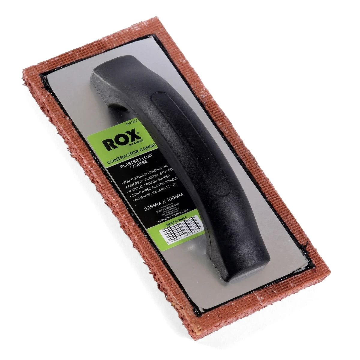 ROX Contractor Range coarse plaster float with a black handle, silver base, and reddish-brown sponge surface for textured