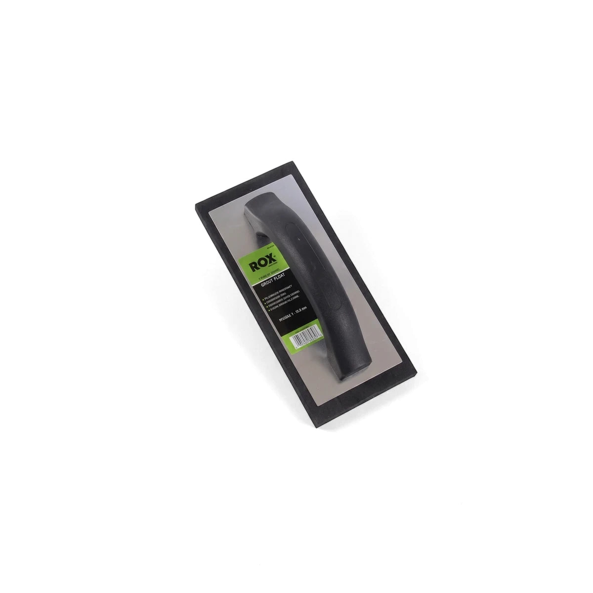 Black foam rubber Grout Float Eco by Rox, a construction tool, viewed from a diagonal top-down angle on white.