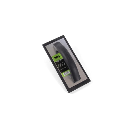 Black foam rubber Grout Float Eco by Rox, a construction tool, viewed from a diagonal top-down angle on white.