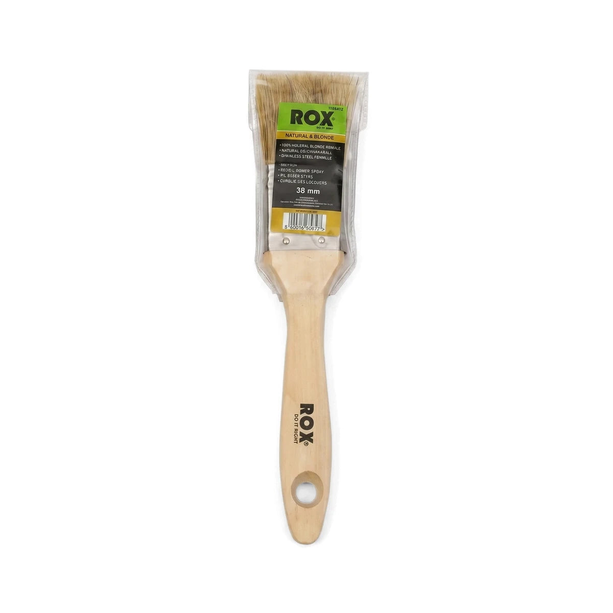 Rox Natural & Blonde 38mm professional paint brush with natural bristles and a wooden handle, in clear packaging.