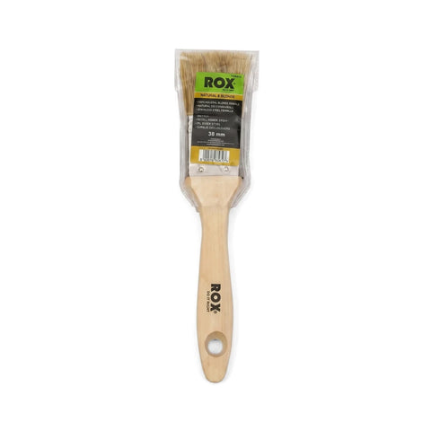 Rox Natural & Blonde 38mm professional paint brush with natural bristles and a wooden handle, in clear packaging.