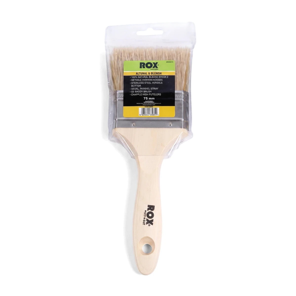 Rox paint brush in clear packaging with natural bristles and a beige wooden handle, showing the brand label.