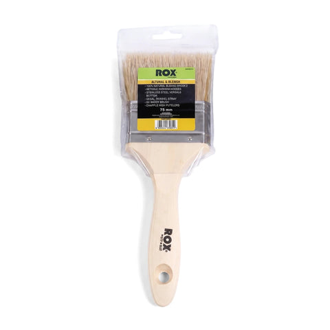 Rox paint brush in clear packaging with natural bristles and a beige wooden handle, showing the brand label.