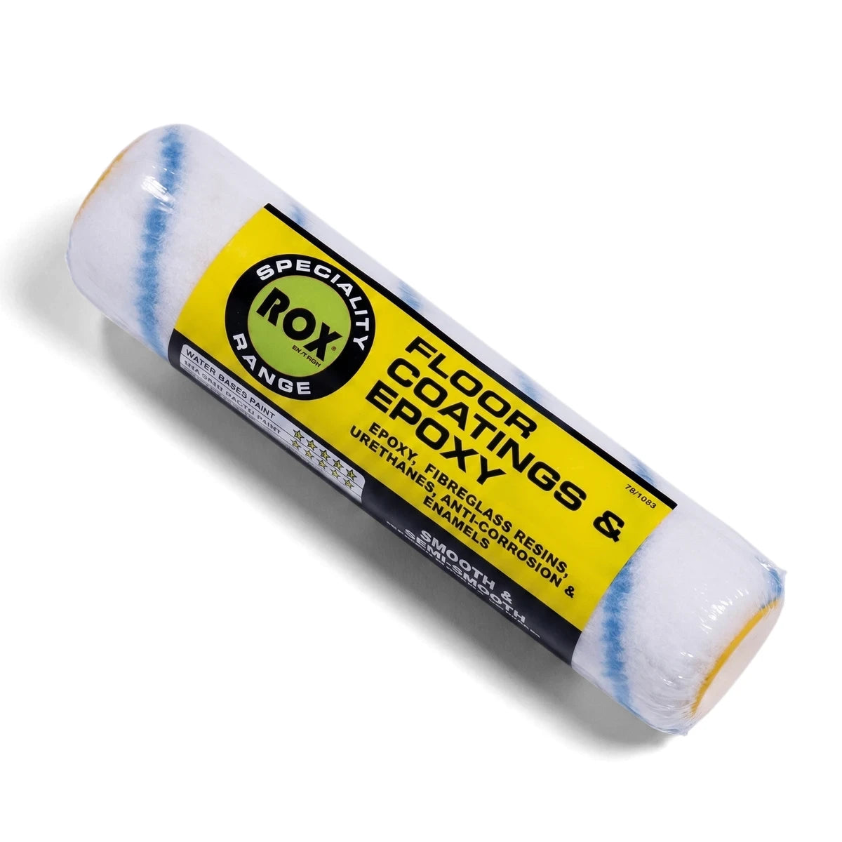 Rox Speciality Range 230 mm paint roller for floor coatings and epoxy, featuring white and blue stripes with a yellow label,