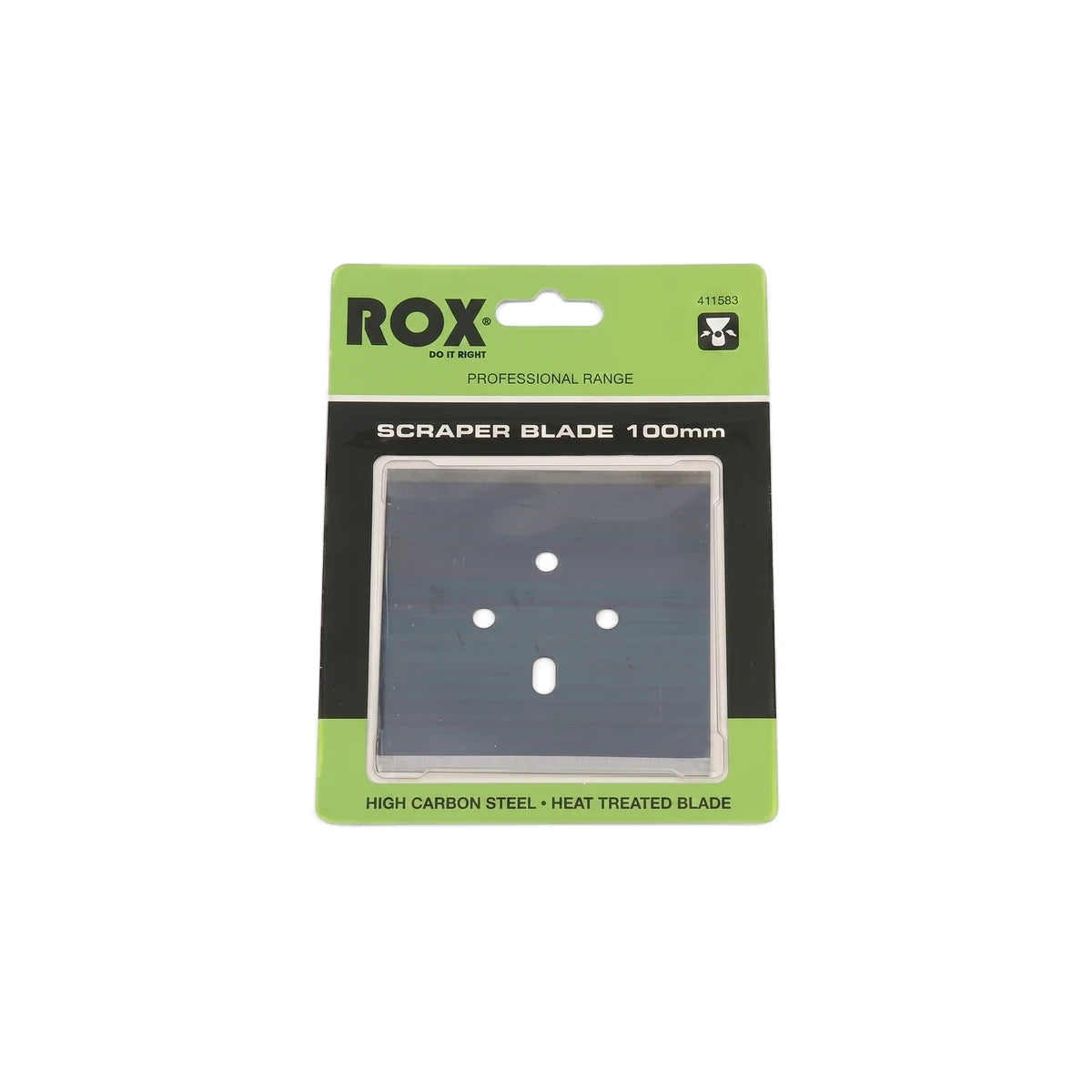 ROX Wall & Floor Scraper Blade, 100mm, made from high carbon steel and heat treated, shown in its retail packaging.