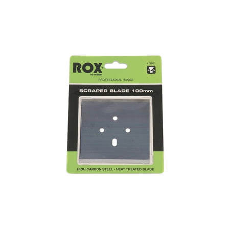 ROX Wall & Floor Scraper Blade, 100mm, made from high carbon steel and heat treated, shown in its retail packaging.