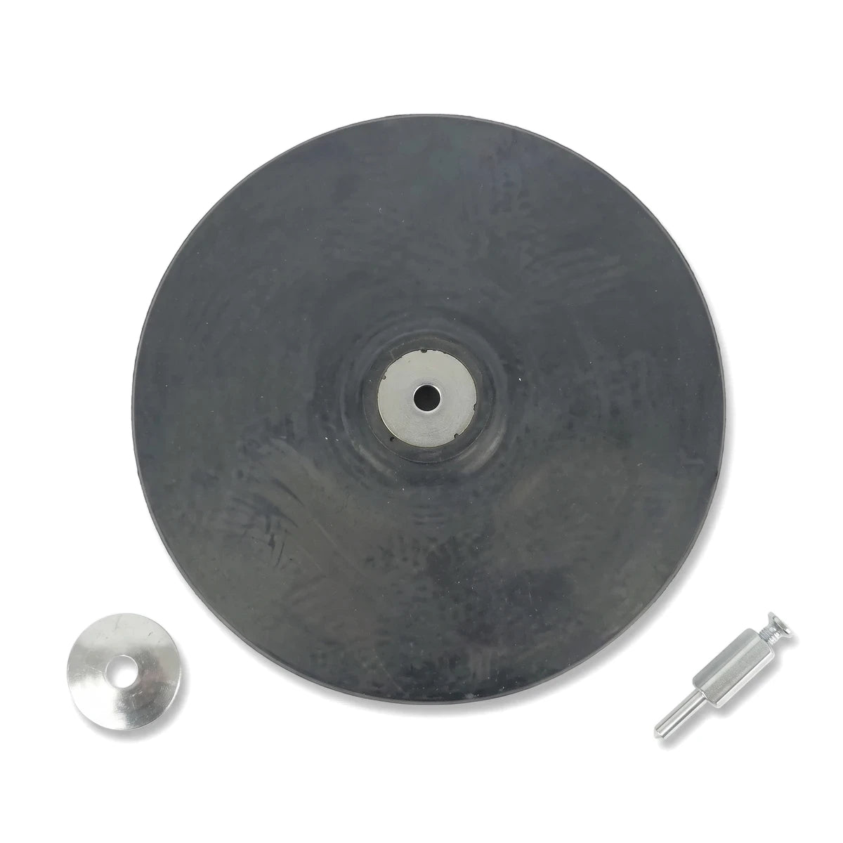 Dark grey rubber backing pad with a metallic washer and a cylindrical pin, displayed against a white background.
