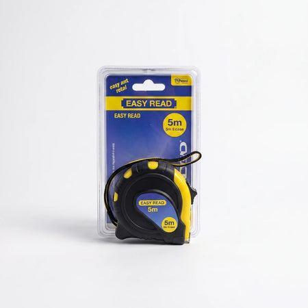Black and yellow rubber case easy read tape measure, 5m x 19mm, in clear retail packaging.