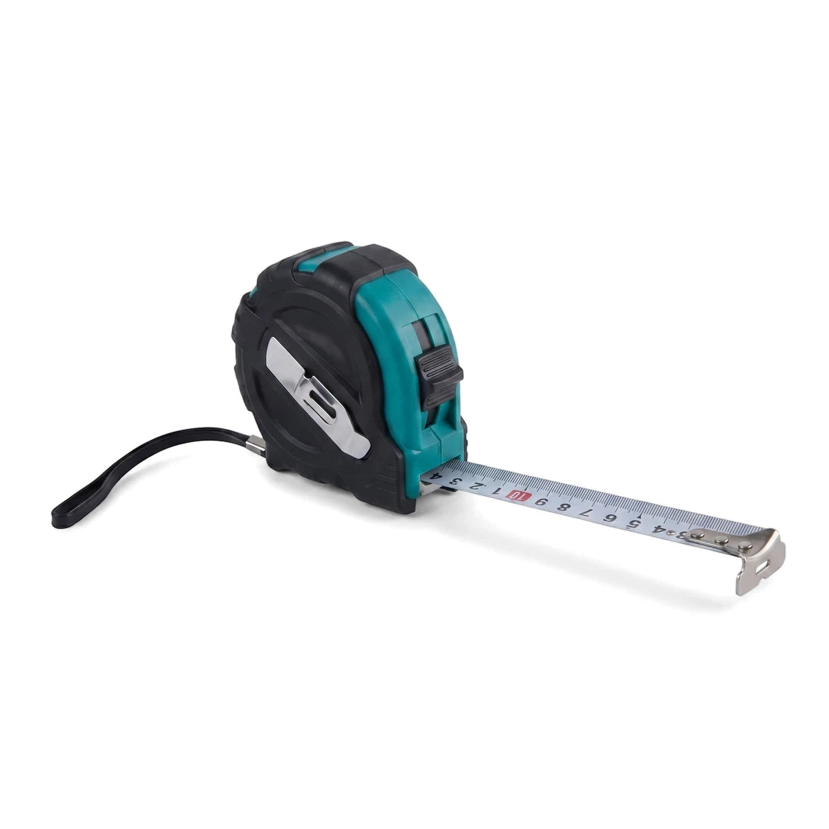 A black and teal Rubber Case Tape Measure with a 10M x 25mm blade extended, shown on a white background.