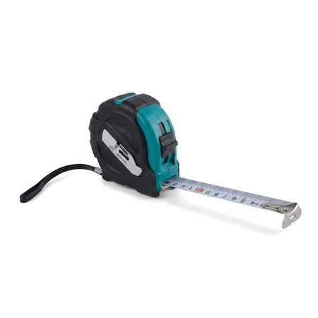 A black and teal Rubber Case Tape Measure with a 10M x 25mm blade extended, shown on a white background.