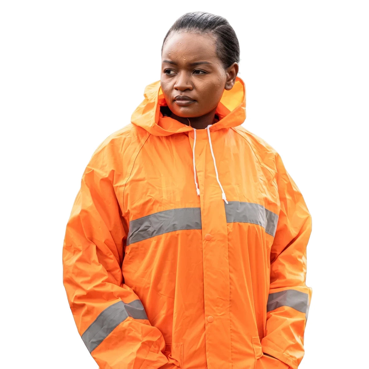 Woman models an orange rubberized hi-vis reflective rain suit with grey reflective strips and hood, in a waist-up front view.