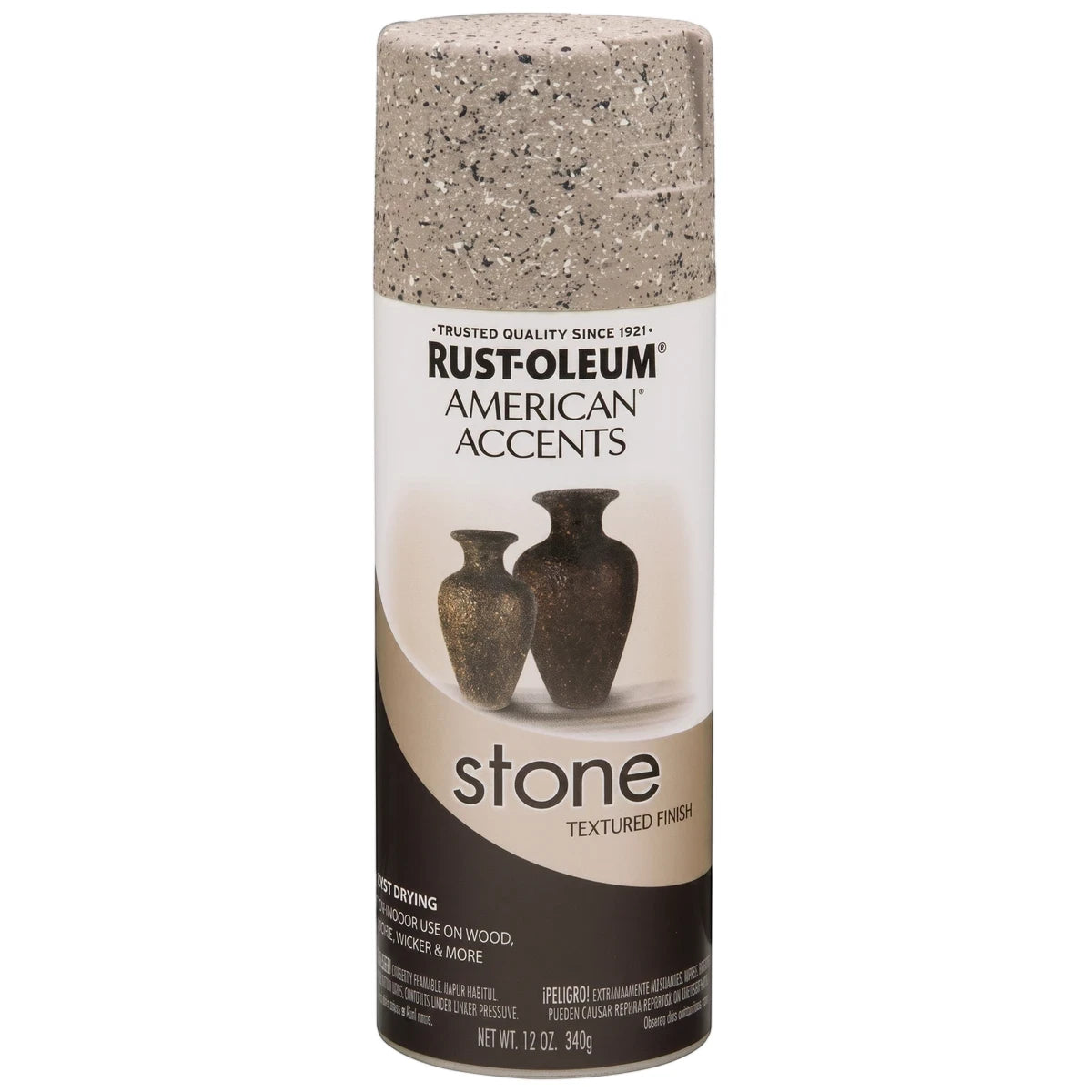 Rust-Oleum American Accents Stone Textured Finish spray paint can, 12 oz, in a pebble color texture for home decor projects.