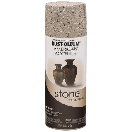 Rust-Oleum American Accents Stone Textured Finish spray paint can, 12 oz, in a pebble color texture for home decor projects.