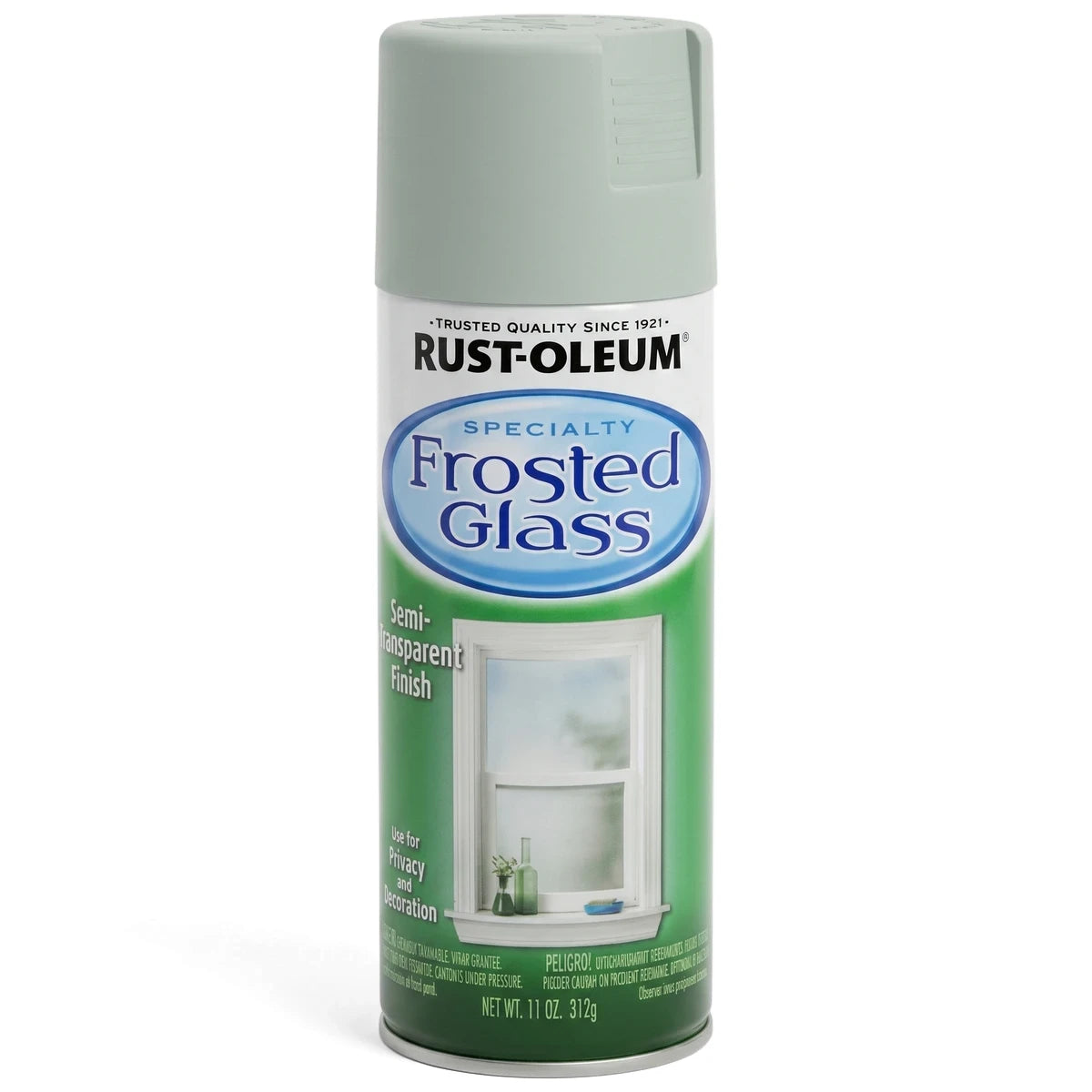 Rust-Oleum Specialty Frosted Glass spray paint in Sea Glass color, 11 oz can, for a semi-transparent finish.