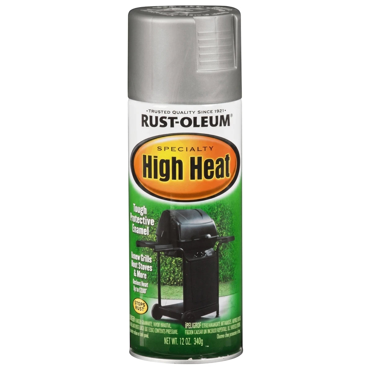 Rust-Oleum Specialty High Heat silver spray paint can, 340g, designed for high-temperature applications on grills and stoves.
